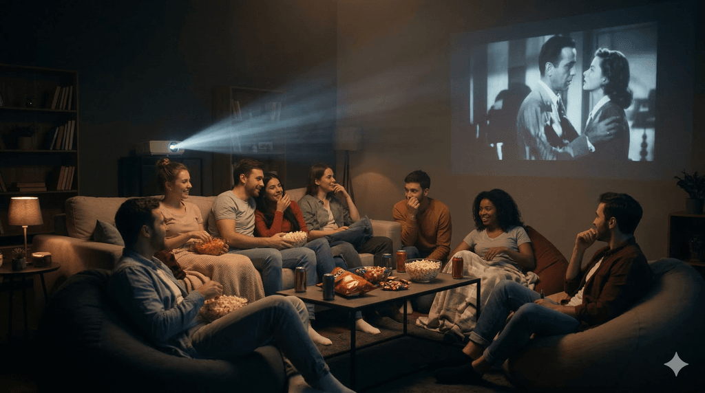 Movie night setup with projector and snacks